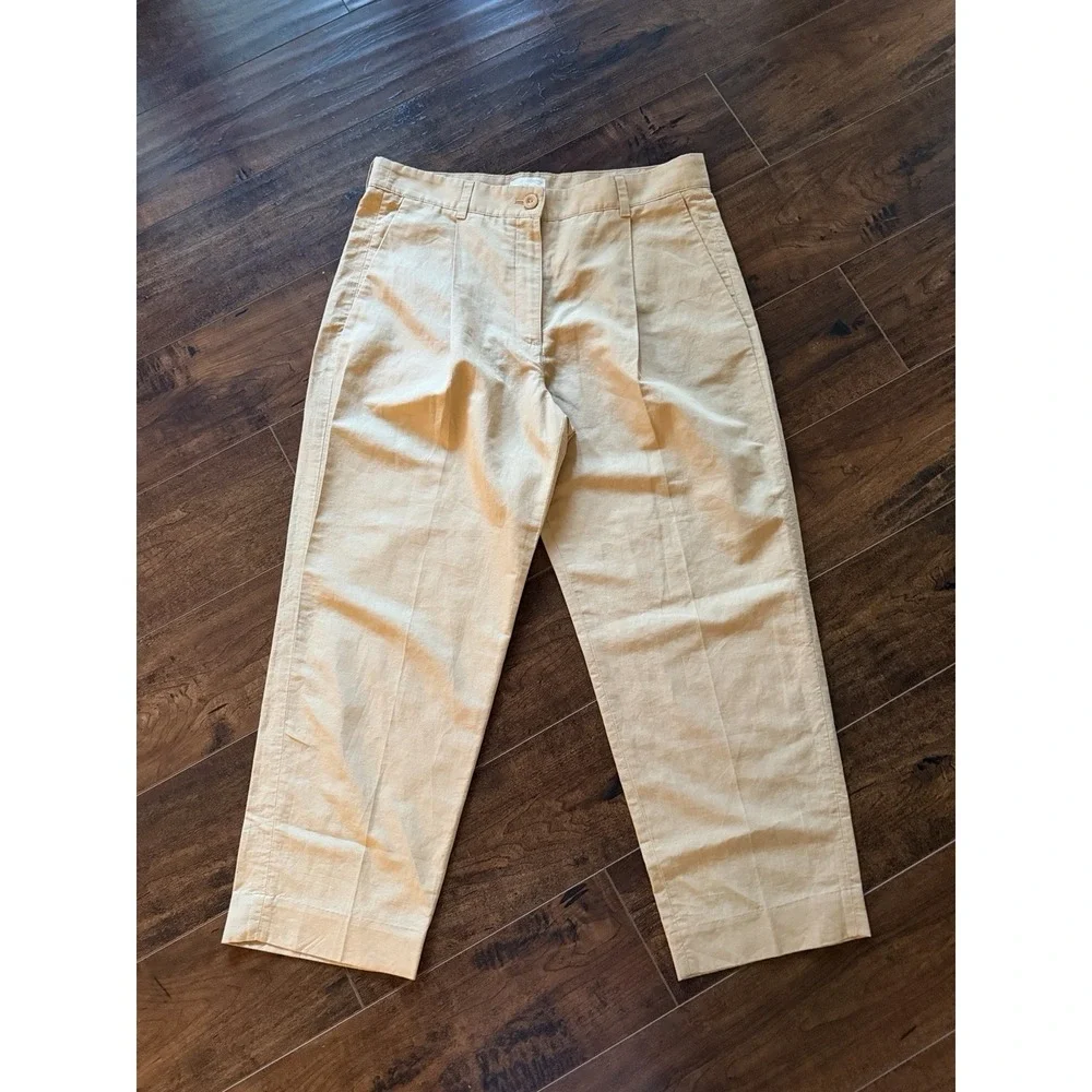 COS Linen Cotton Pleated Cropped  Trousers Womens 12 Beige High Rise 32x27